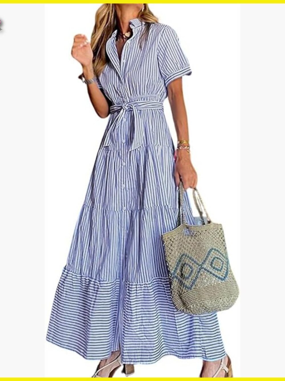 Casual Striped Maxi Shirt Dress Tie Waist Ruffled Hem Button Down Boho